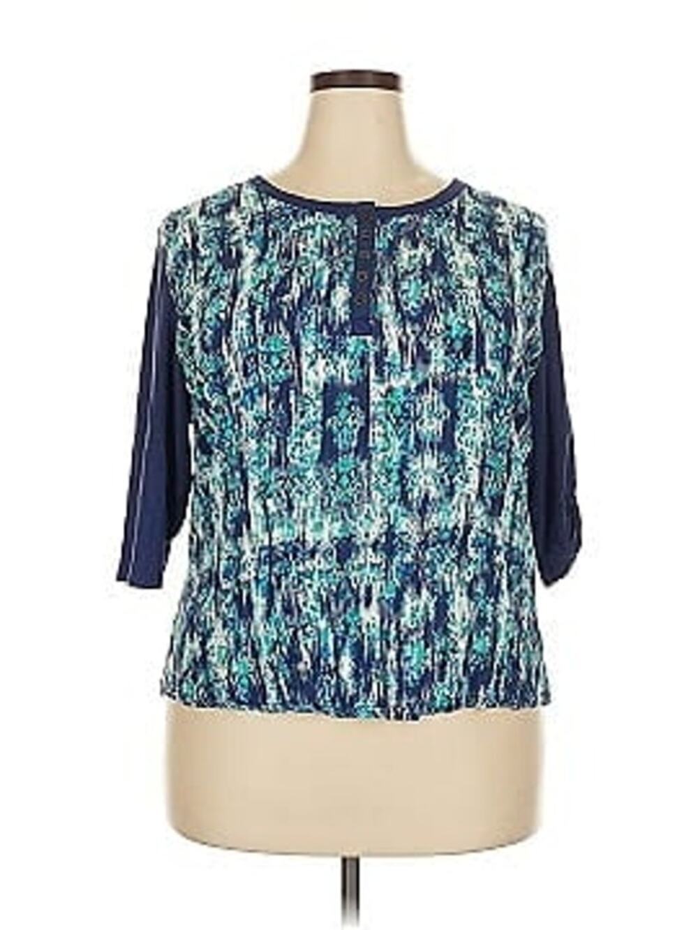 Bit & Bridle Blue Aztec Roll-Tab Sleeve Quarter Button Top Women's Size XL